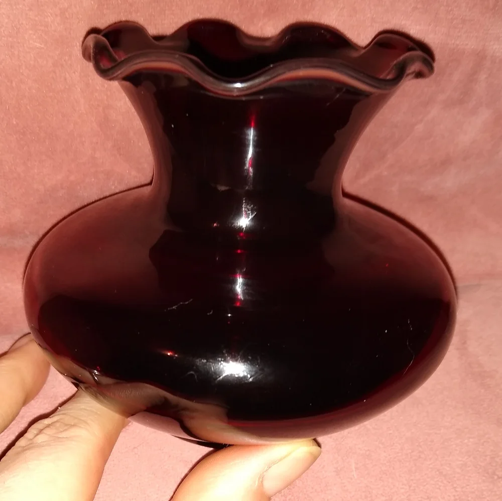 Vintage Mini Flower Vase Royal Ruby Red Glass Fluted Ruffle Edge Anchor Hocking